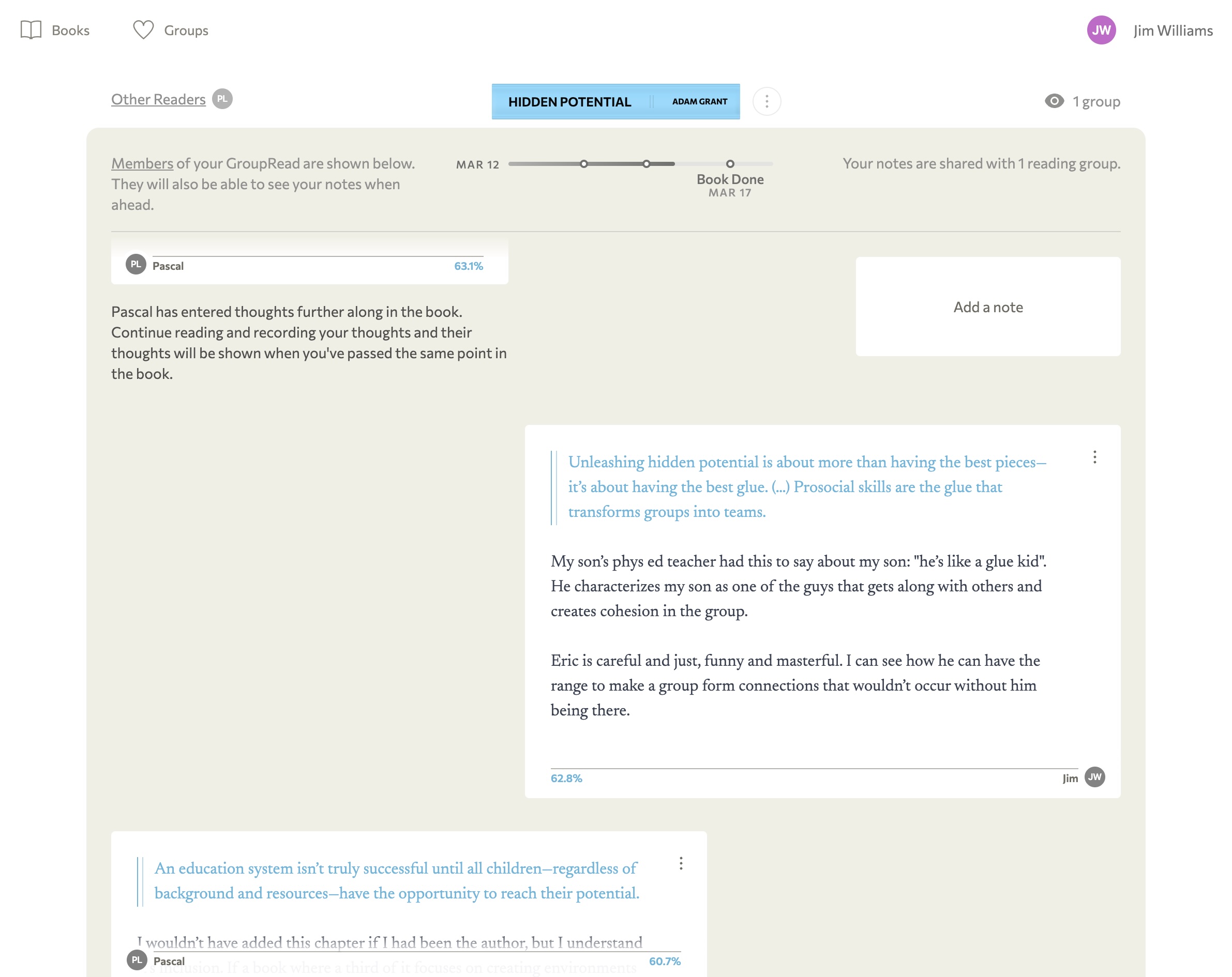 Screenshot of ReadWith's reading notes, with a note ahead from another reader